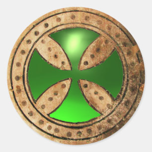 ANTIQUE TEMPLAR CROSS Green Emerald Gem Runder Aufkleber