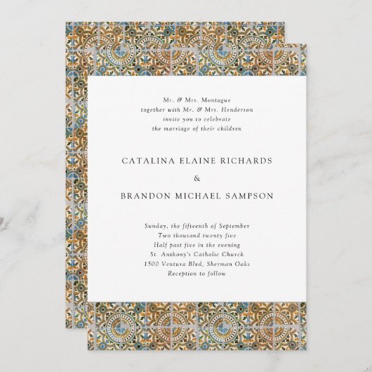 Antique Tiles Blue and Gold Wedding Einladung