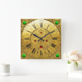Antique Time,Shamrocks,Ruby Gemstones,Gold Yellow Quadratische Wanduhr (Zuhause)