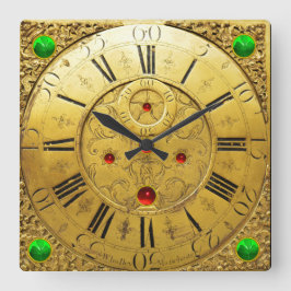 Antique Time,Shamrocks,Ruby Gemstones,Gold Yellow Quadratische Wanduhr