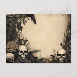 Antique Totenköpfe schwarze Blumen & Grün Hallowee Feiertagspostkarte