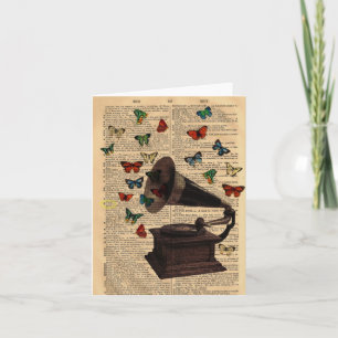 Antique Victrola Butterfys Dictionary Notecard Karte