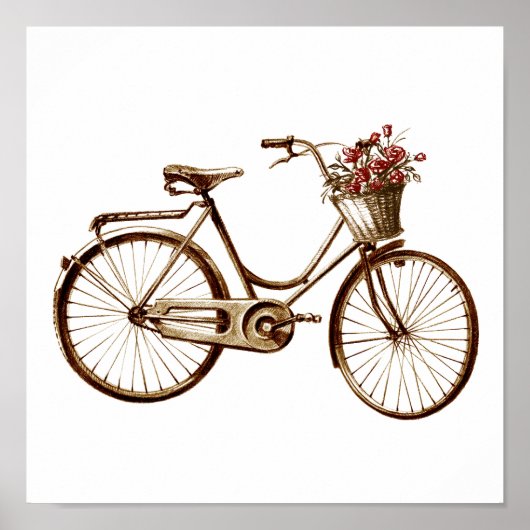 Antique Vintage Bicycle Basket Flowers Roses Print Poster (Vorne)