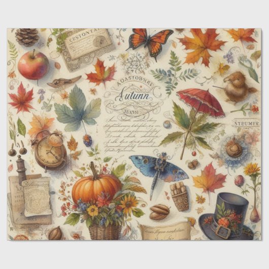 Antique Watercolor Ephemera Autumn  Geschenkpapier (Flach)