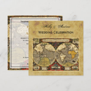 Antique World Map #2, beängstigende BG SQ Hochzeit Einladung