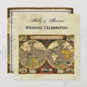 Antique World Map #2, Distressed BG #3 SQ Wedding Einladung (Vorne/Hinten)