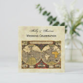 Antique World Map #2, Distressed BG #3 SQ Wedding Einladung (Stehend Vorderseite)