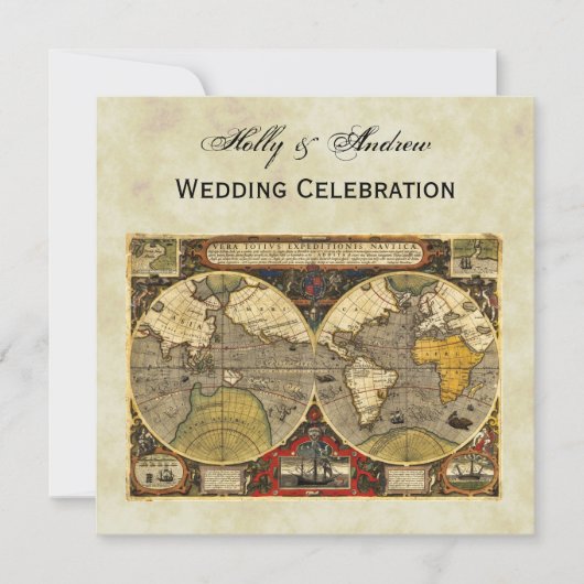 Antique World Map #2, Distressed BG #3 SQ Wedding Einladung (Vorderseite)