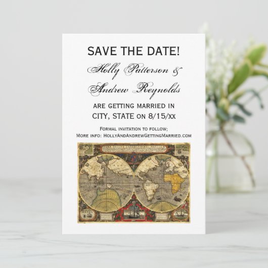 Antique World Map #2, DIY White BG Save the Date Einladung (Stehend Vorderseite)