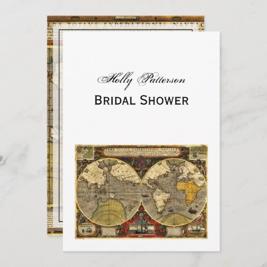 Antique World Map #2, DIY White BG V Brautparty Einladung (Vorne/Hinten)