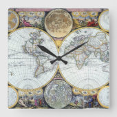 Antique World Map, Atlas Maritimus von John Seller Quadratische Wanduhr (Vorderseite)