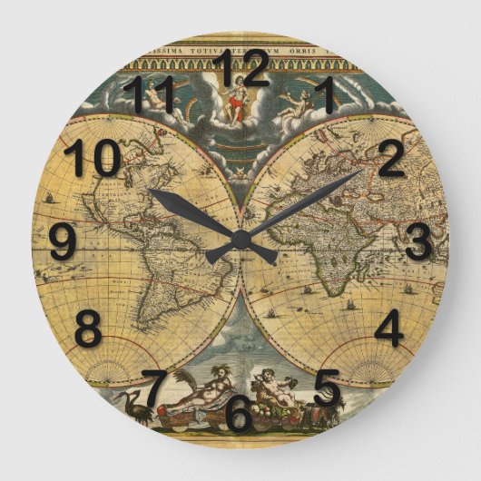 Antique World Map Distressed #2 Große Wanduhr (Vorderseite)