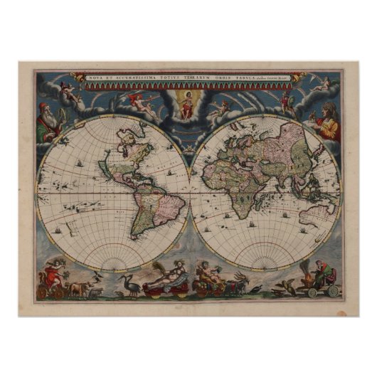 Antique World Map: Historische Kartographie Kunst Poster (Vorderseite)