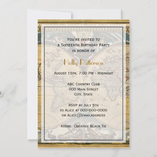 Antique World Map, Not BG / Sweet 16 Einladung (Rückseite)