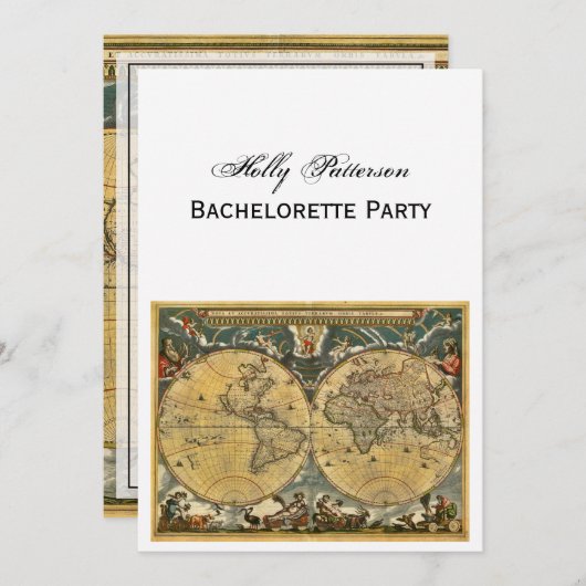 Antique World Map, White BG V Bachelorette Einladung (Vorne/Hinten)