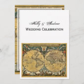 Antique World Map, White BG V Wedding Einladung (Vorne/Hinten)