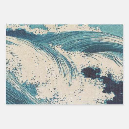 Antiquitäten Japanisch Blue Waves Ocean Print Geschenkpapier Set (Vorderseite)