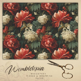 Antiquitäten Rot & Creme Blumendekoupage Seidenpapier