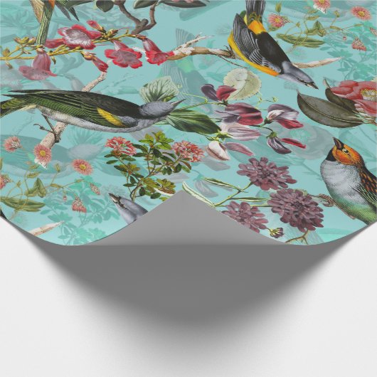Antiquitäten Vögel und Blume Muster auf aquamarine Geschenkpapier (Ecke)