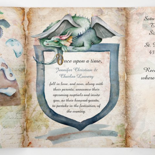 Antiquitätenaussehen Märchendrachenhochzeit Dreifach Gefaltete Einladung (Innenseite Mitte)