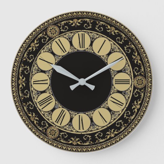 Antiquitätenelegantes Schwarz und Gold Große Wanduhr (Vorderseite)