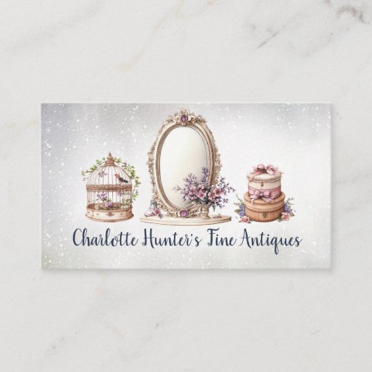Antiquitätengeschäft, eleganter Vintager Spiegel, Visitenkarte (Vorderseite)