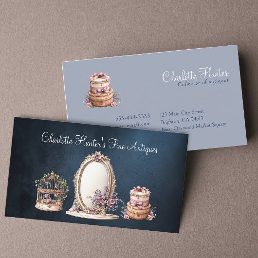 Antiquitätengeschäft, eleganter Vintager Spiegel, Visitenkarte