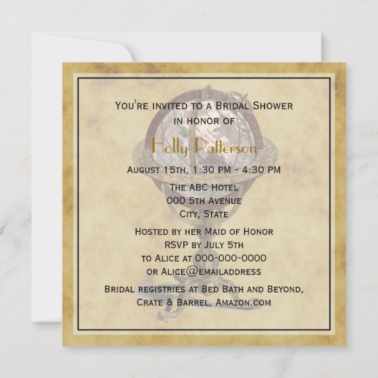 Antiquitätenglobe-Brautparty für geplagte BG-Haupt Einladung (Rückseite)