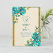 Antiquitätenhochzeit und Aquamarine Botanische Hoc Einladung (Stehend Vorderseite)