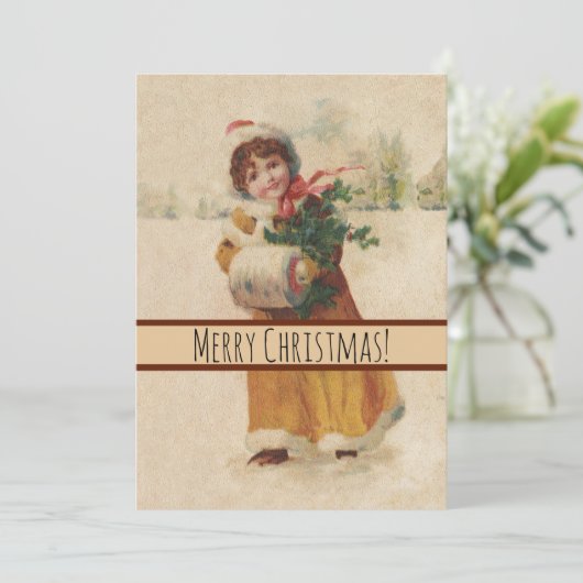 Antiquitätenmädchen Winterkind Feiertagskarte (Stehend Vorderseite)