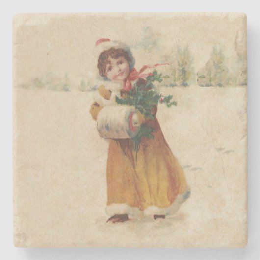 Antiquitätenmädchen Winterkind Steinuntersetzer (Vorderseite)