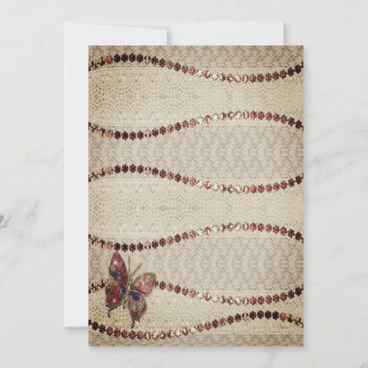 Antiquitätenpapier, Spitzen, Perlen & Butterfly-Ho Einladung (Rückseite)