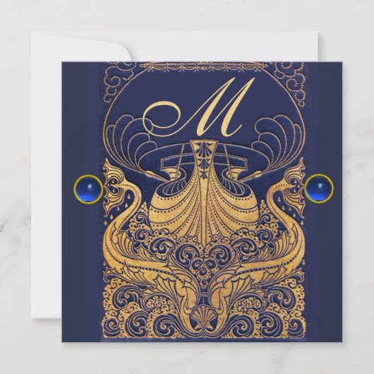 Antiquitätenschiff, Delphine, Gold, Navy Blue Mono Einladung (Vorderseite)