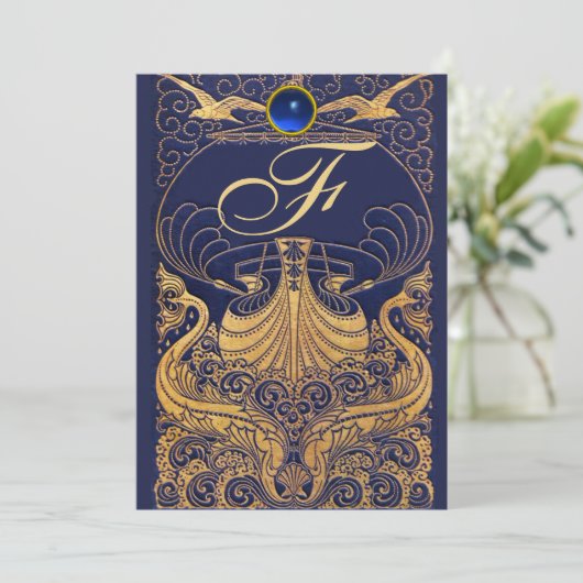 Antiquitätenschiff, Delphine, Gold, Navy Blue Mono Einladung (Stehend Vorderseite)