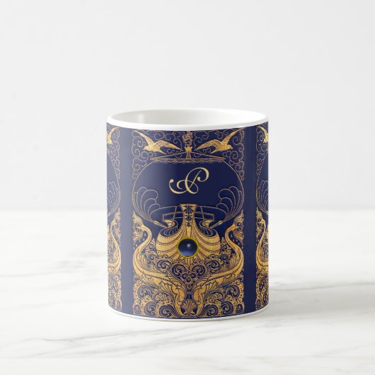Antiquitätenschiff, Delphine, Gold, Navy Blue Mono Kaffeetasse (Mittel)