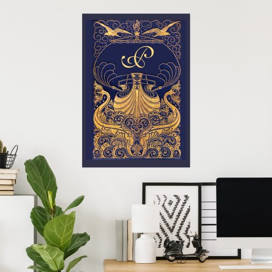 Antiquitätenschiff, Delphine, Gold, Navy Blue Mono Poster (Heimbüro)