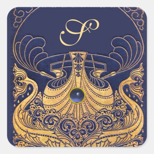 Antiquitätenschiff, Delphine, Gold, Navy Blue Mono Quadratischer Aufkleber (Vorderseite)