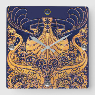 Antiquitätenschiff, Delphine, Gold, Navy Blue Naut Quadratische Wanduhr