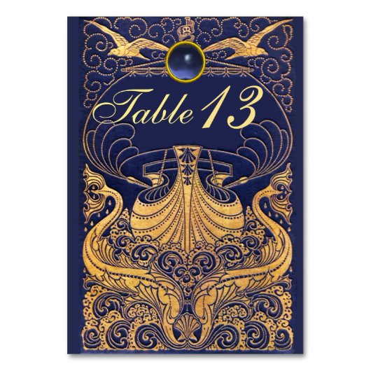 Antiquitätenschiff, Delphine, Gold, Navy Blue Naut Tischnummer (Rückseite)