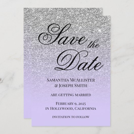 Antiquitätensilber Glitzer Blasslavender Gradient Save The Date (Vorne/Hinten)