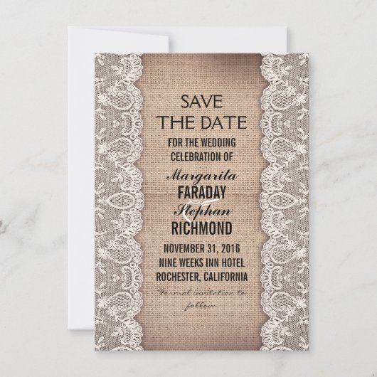 Antiquitätenspitze und rustikale Burlap speichern  Save The Date (Vorderseite)