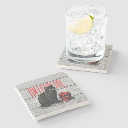 Antisoziale Katze und Schädel Steinuntersetzer (Seitenansicht)