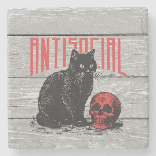 Antisoziale Katze und Schädel Steinuntersetzer (Vorderseite)