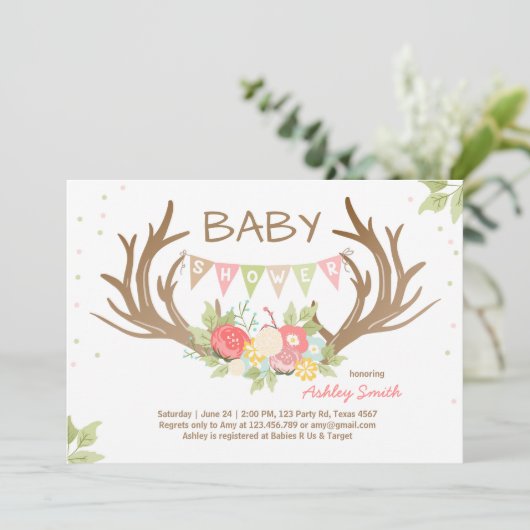 Antler Baby Shower Einladung Hirschwaldflora (Stehend Vorderseite)