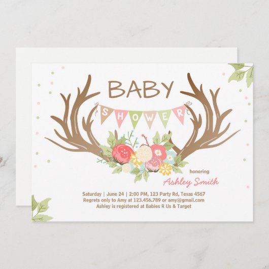 Antler Baby Shower Einladung Hirschwaldflora (Vorne/Hinten)