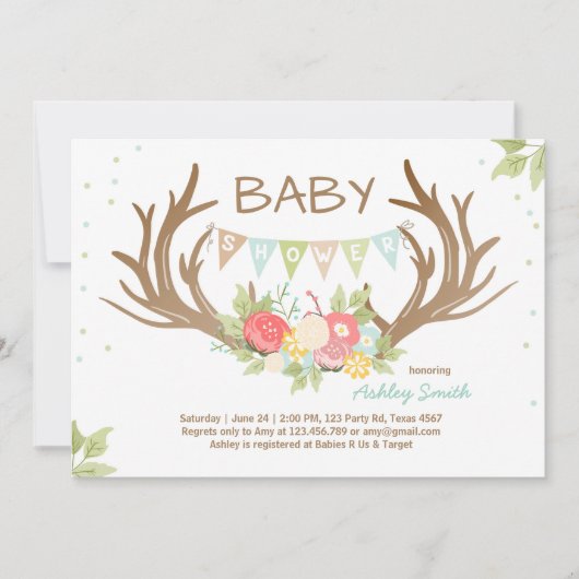 Antler Baby Shower Einladung Hirschwaldflora (Vorderseite)