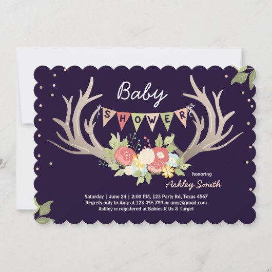 Antler Baby Shower Einladung Hirschwaldflora (Vorderseite)