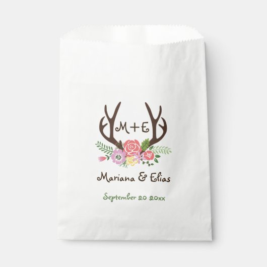 Antler & Korallenrosa Blume Waldhochzeit Geschenktütchen (Vorderseite)