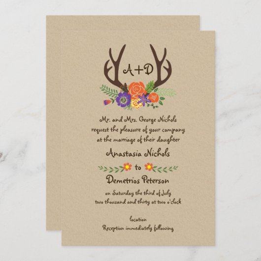 Antler & Orangen-Blume-Monogramm-Waldhochzeit Einladung (Vorne/Hinten)