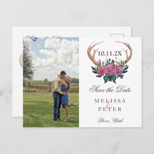 Antler Reh rustikal schick Save the Date Postkarte (Vorne/Hinten)